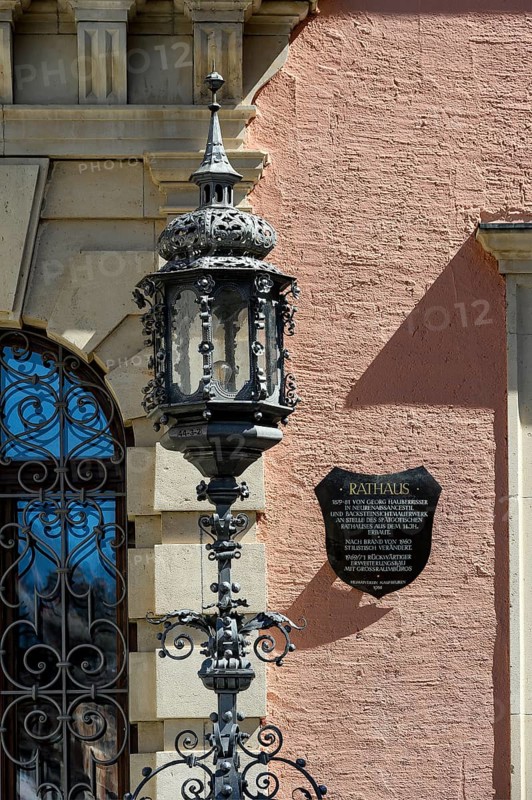 Wrought-iron lantern in front of the town hall, Kaufbeuern, Allgaeu, Swabia, Bavaria, Germany, Europe