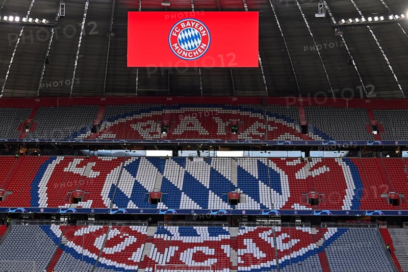 Interior view Allianz Arena, north curve, empty, logo, FC Bayern Munich, FCB, scoreboard, Munich, Bavaria, Germany, Europe