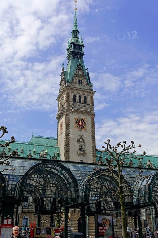 Hamburg Town Hall and Town Hall Market, Hamburg, Germany, Europe, Historic town hall with tower clock under a partly cloudy sky, Hanseatic City of Hamburg, Europe
