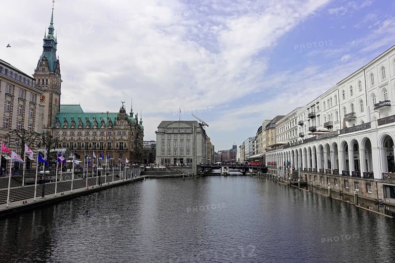 Hamburg City Hall and City Hall Market, Hamburg, Germany, Europe, View of the historic Hamburg City Hall next to the Alster under a cloudy sky, Hanseatic City of Hamburg, Europe