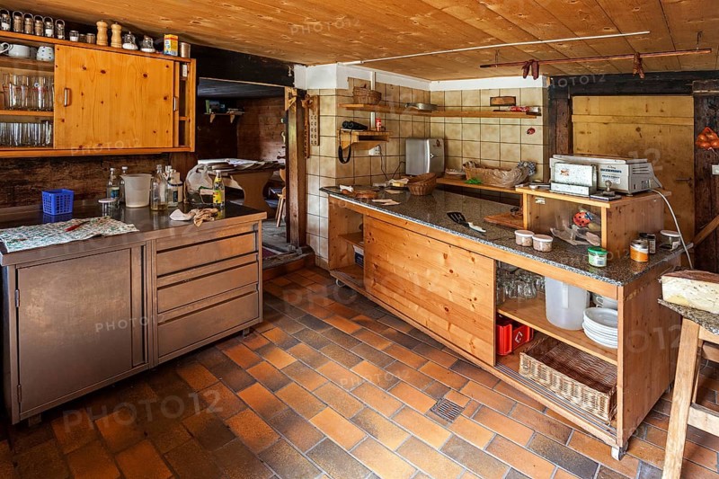 Interior, kitchen of the Naturalpe NaturaGemstel-Schoenesboden-Alpe, Gemsteltal, Mittelberg, Kleinwalsertal, Vorarlberg, Allgaeu Alps, Austria, Europe