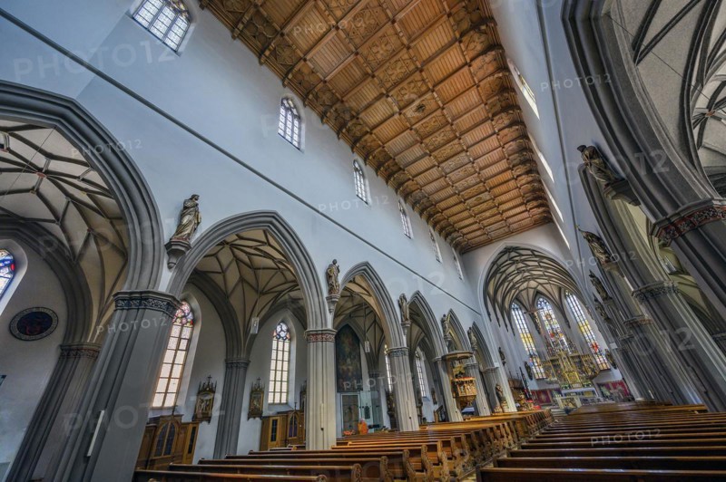 Nave with coffered ceiling, St Martin's Church, Kaufbeuern, Allgaeu, Swabia, Bavaria, Germany, Europe