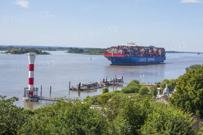 Cosco container ship and lighthouse on the Elbe, Blankenese district, Hamburg, Germany, Europe