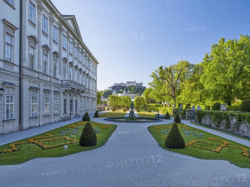 View of the Hohen Salzburg Fortress, Pegasus Fountain and Mirabelle plum Palace, Mirabelle gardens, blue sky, Salzburg, Austria, Europe