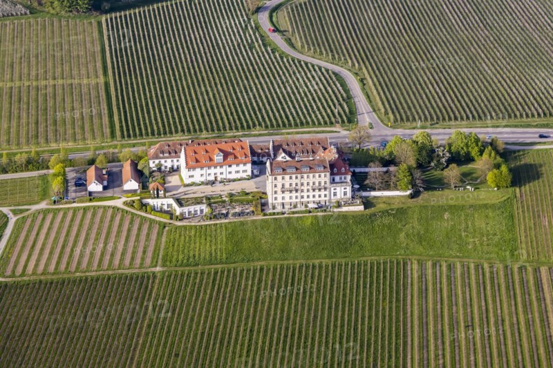 Zeppelin flight along the shore of Lake Constance, aerial view, Kirchberg Castle with vineyards, Immenstaad, Baden-Wuerttemberg, Germany, Europe