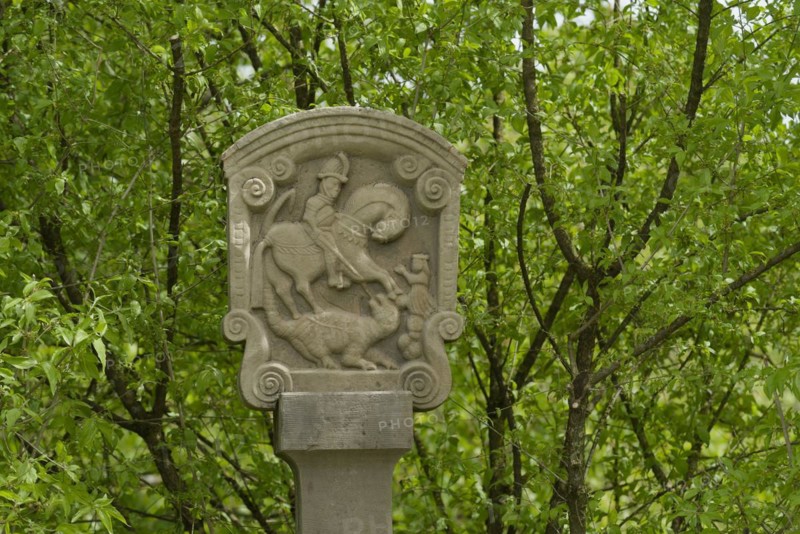 Monument to St George, dragon slayer, horseman, horse, religion, faith, sculpture, wayside cross, Schoental, Marlach, Schoental-Marlach, Hohenlohe, Heilbronn-Franken, Baden-Wuerttemberg, Germany, Europe