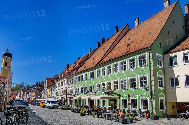 Pointed gable houses, chimneys and dormers in Pfarrgasse, Kaufbeuern, Allgaeu, Swabia, Bavaria, Germany, Europe