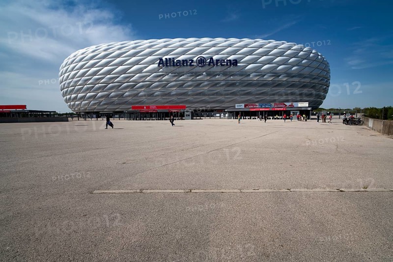 Exterior view Allianz Arena, Logo, Munich, Bavaria, Germany, Europe