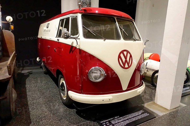 A red and white Volkswagen T1 bus on display in the museum, AUTOMUSEUM PROTOTYP, Hamburg, Hanseatic City of Hamburg, Germany Europe