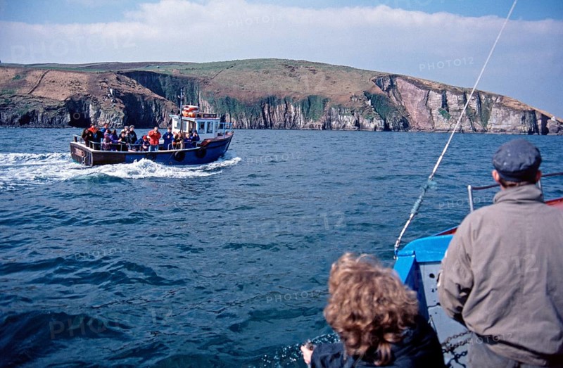 Dolphin tour, people, tour boat, Dingle, Dingle Peninsula, Republic of Ireland, April 1996, vintage, retro, old, historic
