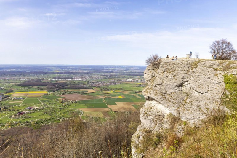 Breitenstein near Ochsenwang in spring, rocky outcrop of the Swabian Alb, 811 metre high rocky plateau, view of the foothills of the Alb, Bissingen an der Teck, Baden-Wuerttemberg, Germany, Europe