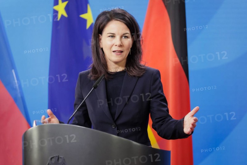 Annalena Baerbock (Alliance 90/The Greens), Federal Foreign Minister, and Mukhtar Babayev (not pictured), Minister of Ecology and Natural Resources of the Republic of Azerbaijan, at a joint press conference during the 15th Petersberg Climate Dialogue at the Federal Foreign Office in Berlin, 25.04.2024. Photographed on behalf of the Federal Foreign Office