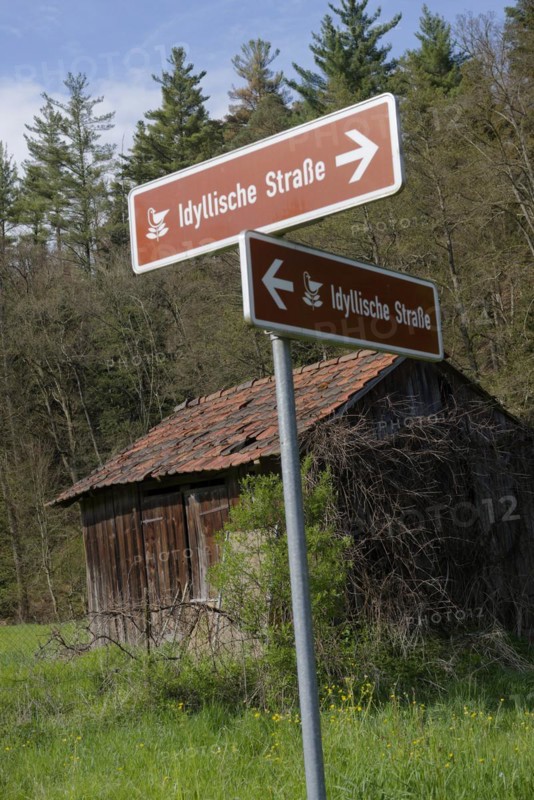 Sign in Liemersbach, Grosserlach, Rems-Murr district, Idyllic Road, Mainhardter Forest, Swabian-Franconian Forest nature park Park, Baden-Wuerttemberg, Germany, Europe