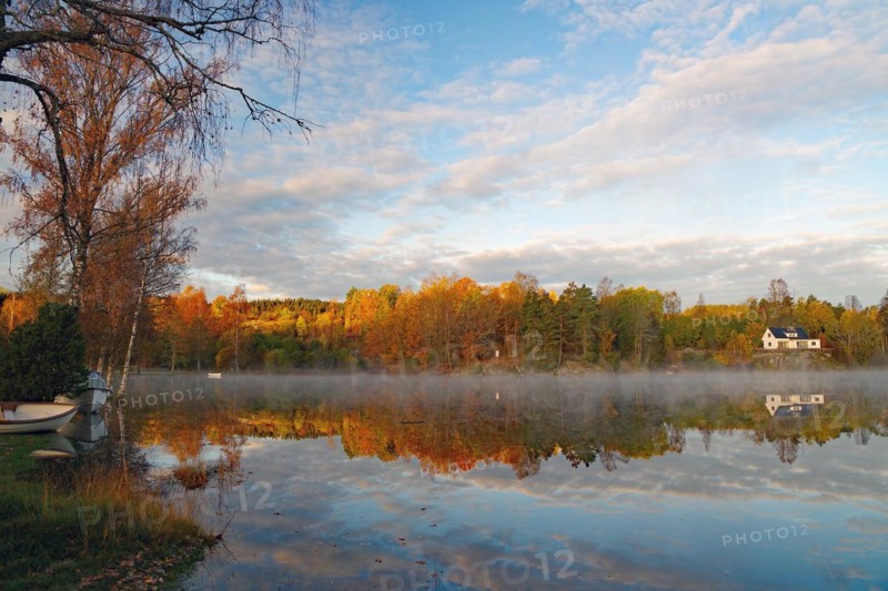 Sunrise and autumnal morning mist over a calm lake, foliage colouring, Bullaren, Bohuslaen. Sweden