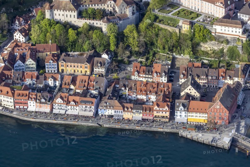 Old town and harbour promenade, castle and new castle, aerial view from a zeppelin, Meersburg on Lake Constance, Baden-Wuerttemberg, Germany, Europe