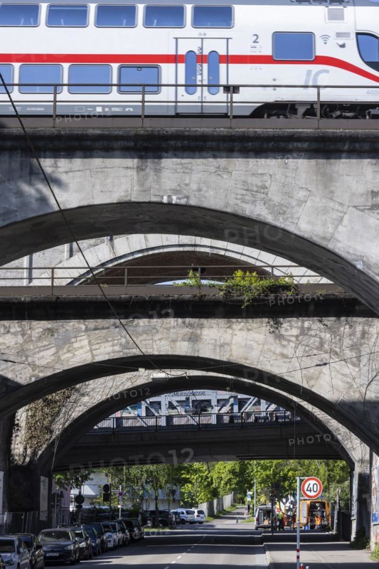 Railway bridges at Nordbahnhof with InterCity IC, infrastructure of Deutsche Bahn AG, concrete arch bridges, Stuttgart, Baden-Wuerttemberg, Germany, Europe