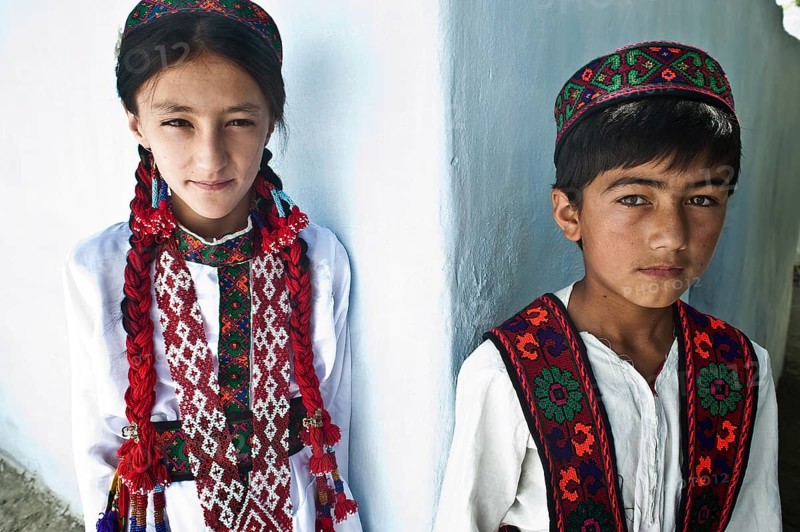 Traditionally dressed Pamiri children, Wakhan valley, Tajikistan, Central Asia, Asia
