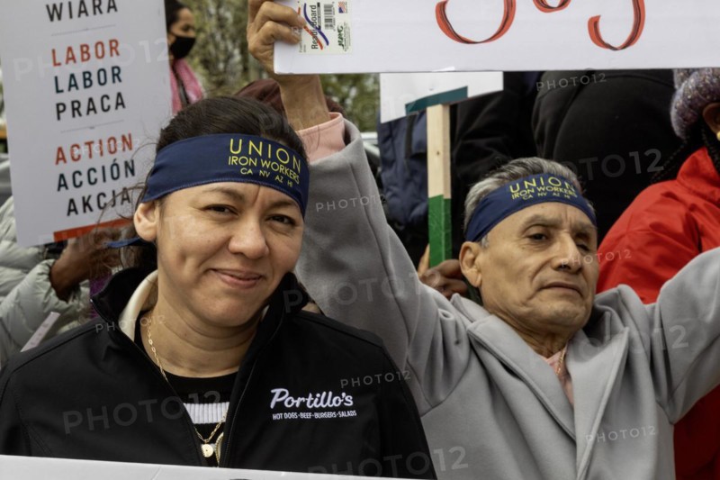Rosemont, Illinois, Hundreds of workers and supporters picketed a Portillo's restaurant, demanding that the company recognize their union. Their organizing campaign is backed by the Ironworkers union and by Arise Chicago, a faith-based organization that supports immigrants and low-wage workers