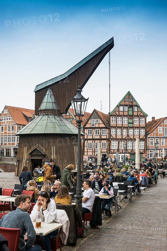 Half-timbered houses and restaurants in the old town, Buxtehude, Altes Land, Lower Saxony, Germany, Europe