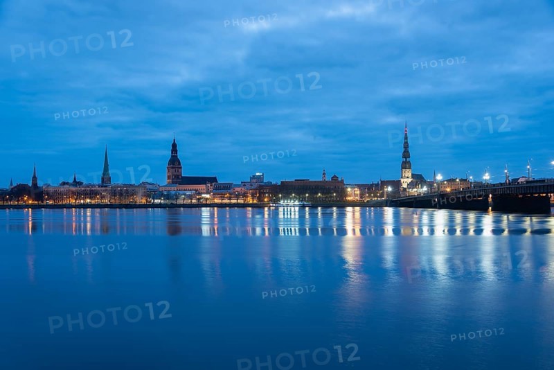 St James' Cathedral, Riga Cathedral, St Peter's Church, Daugava River, blue hour, Riga, Latvia, Europe