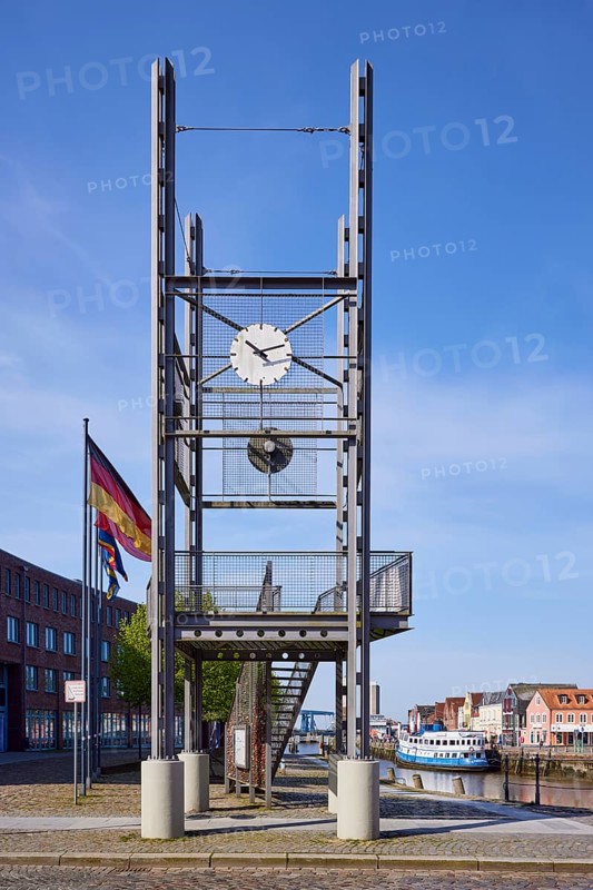 Viewing platform with clock and German flag in front of the harbour basin of the Oat in Husum, Nordfriesland district, Schleswig-Holstein, Germany, Europe