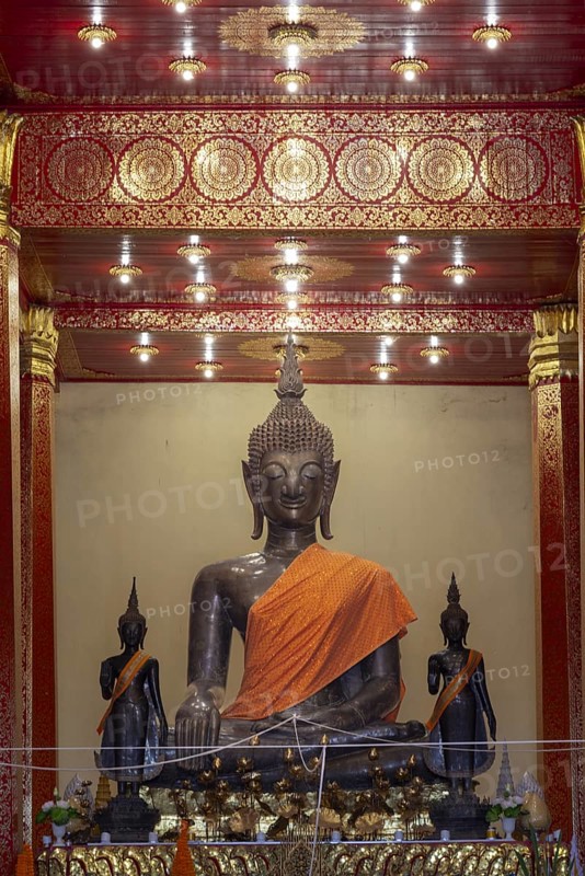 Buddha statue, Bhumispara-mudra, Buddha Gautama at the moment of enlightenment, Wat Ong Teu, Vientiane, Laos, Asia
