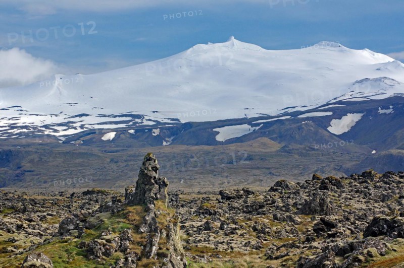 Glaciated volcano and lava landscape, Jules Verne, Journey to the centre of the earth, Snaefelnesjoekull, Iceland, Europe