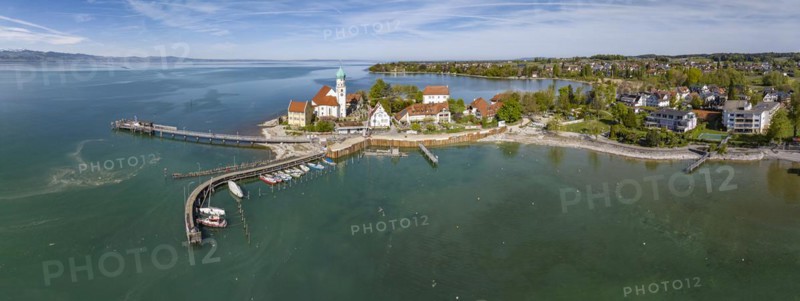 Moated castle peninsula with castle and parish church of St George on Lake Constance. Aerial photo, panoramic view, moated castle, Bavaria, Germany, Europe