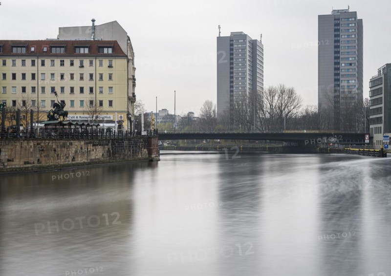 Long exposure, the Spree at the Nikolaiviertel quarter and the skyscrapers at Muehlendamm, Berlin, Germany, Europe
