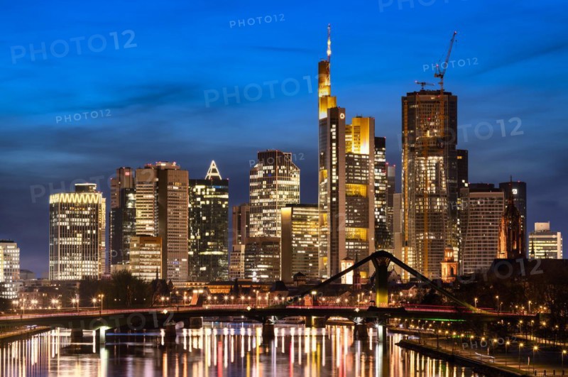 Twilight shot, skyline, banking district, financial district, Taunus Tower, Tower 185, Commerzbank, Messeturm, HelaBa, Hessische Landesbank, Deutsche Bank, FOUR, Kaiserdom, Floesserbruecke, reflection in the Main, blue hour, Frankfurt am Main, Hesse, Germany, Europe