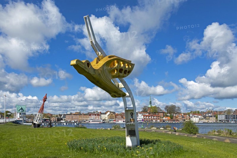 Figurehead of the training sailing ship Gorch Fock, viewpoint Schleibruecke, harbour, Kappeln, Schlei, Schleswig-Holstein, Germany, Europe