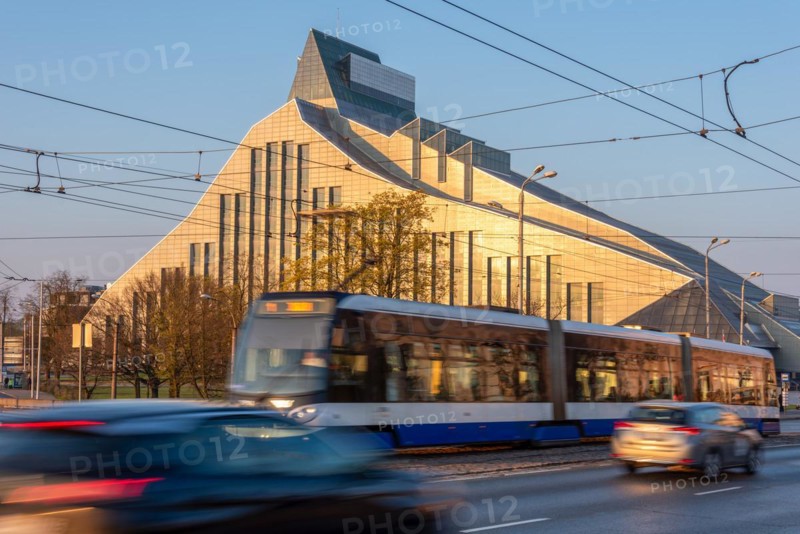 Latvian National Library in the light of the morning sun, designed and built by Latvian-born US architect Gunars Birkerts, building is also called Gaismas pils (Castle of Light), Riga, Latvia, Europe