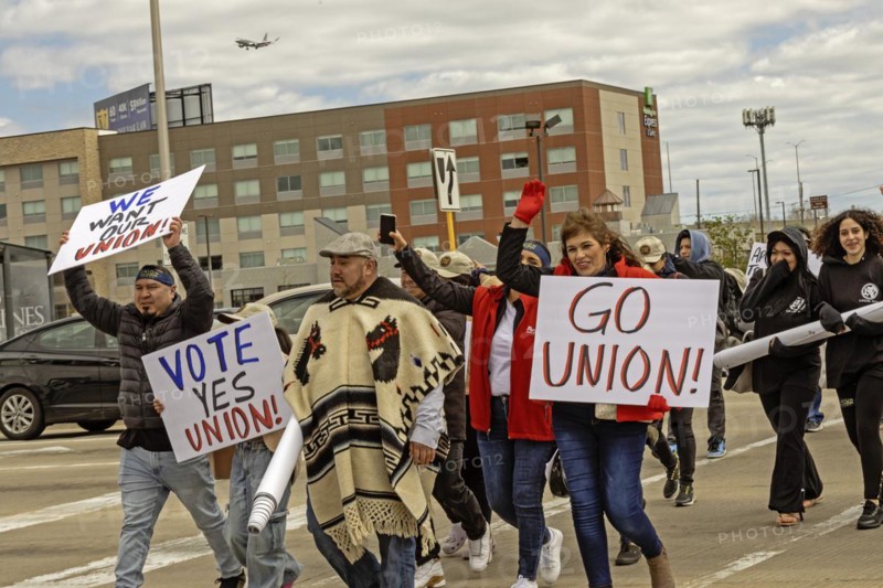 Rosemont, Illinois, Hundreds of workers and supporters picketed a Portillo's restaurant, demanding that the company recognize their union. Their organizing campaign is backed by the Ironworkers union and by Arise Chicago, a faith-based organization that supports immigrants and low-wage workers