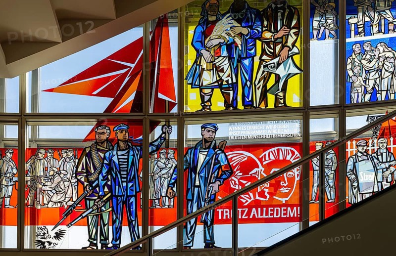 Window glass paintings, realistic socialism, vestibule of the European School of Management and Technology, Berlin, Germany, Europe