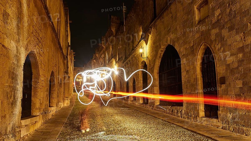 Knights Street, Bright light drawings on a medieval street at night, Night shot, Rhodes Old Town, Rhodes, Dodecanese, Greek Islands, Greece, Europe