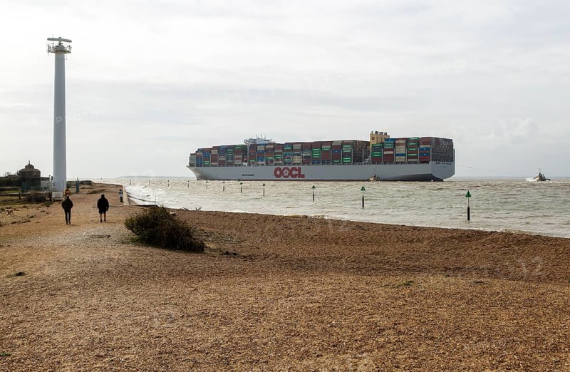 OOCL Zeebrugge container ship leaving departing from Port of Felixstowe, Suffolk, England, UK