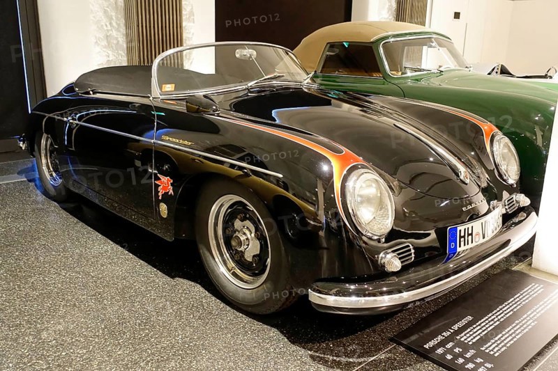 Porsche 356 A SPEEDSTER, Black vintage Porsche sports car presented in an exhibition, AUTOMUSEUM PROTOTYP, Hamburg, Hanseatic City of Hamburg, Germany Europe