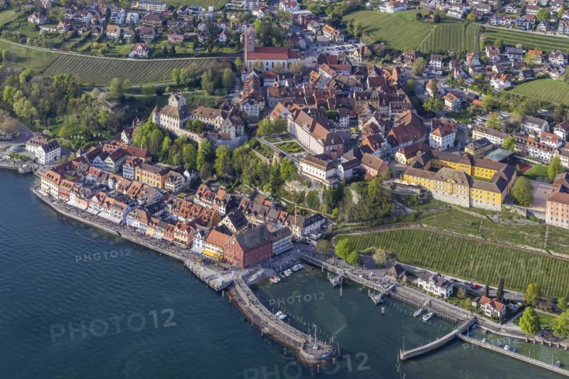 Zeppelin flight over Lake Constance, aerial view, Meersburg with castle, new castle, harbour and state winery, M, eersburg, Baden-Wuerttemberg, Germany, Europe