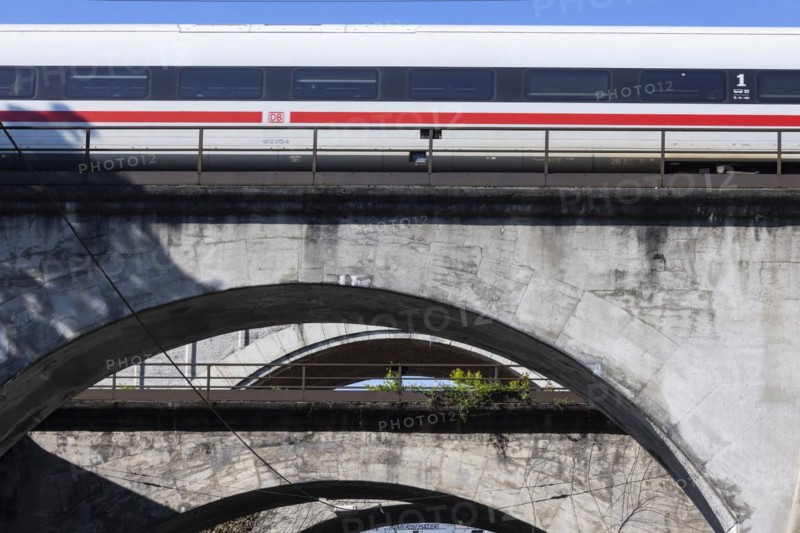 Railway bridges at Nordbahnhof with InterCityExpress ICE, infrastructure of Deutsche Bahn AG, concrete arch bridges, Stuttgart, Baden-Wuerttemberg, Germany, Europe