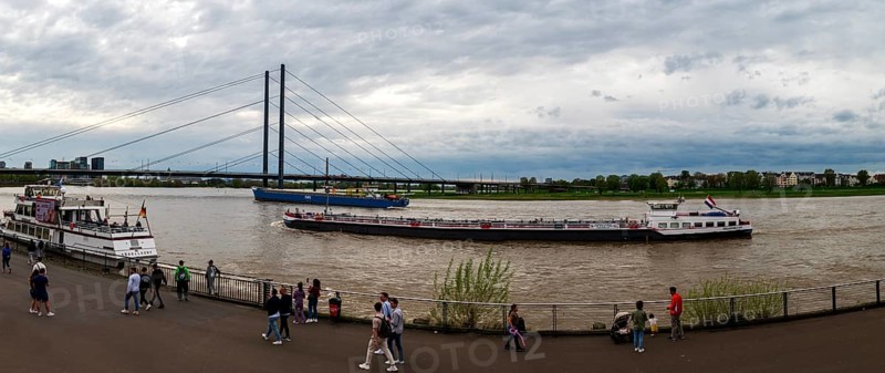 Rheinpromenade, View of the Rheinkniebruecke, Duesseldorf, North Rhine-Westphalia, Germany, EuropeDuesseldorf, Europe, Panorama, Europe