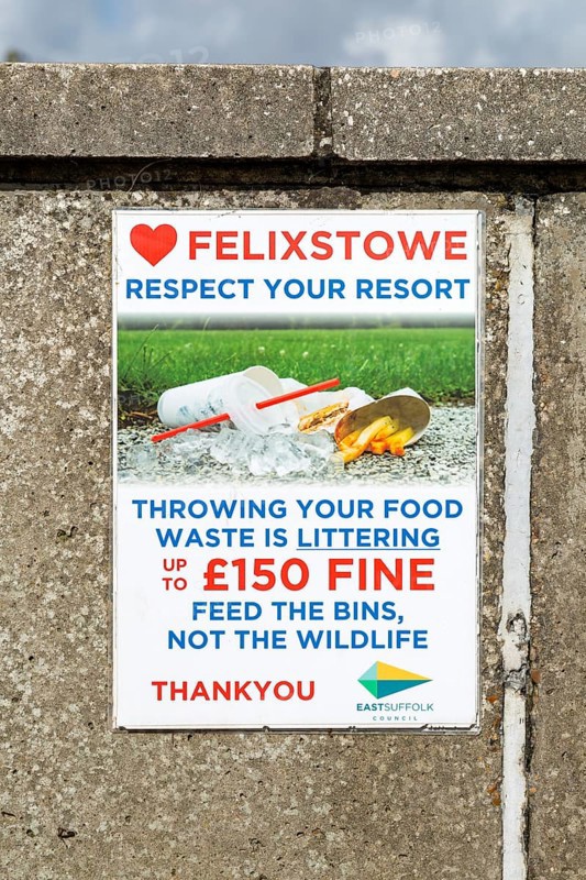 Anti littering information poster, East Suffolk Council, Felixstowe, Suffolk, England, UK