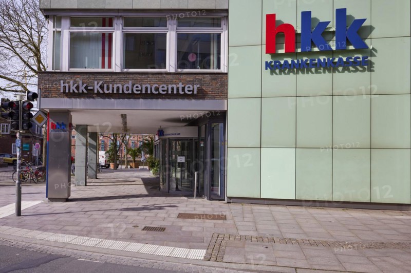 Customer centre at the head office and logo of Hanseatische Krankenkasse, hkk in Bremen, Hanseatic City, Federal State of Bremen, Germany, Europe