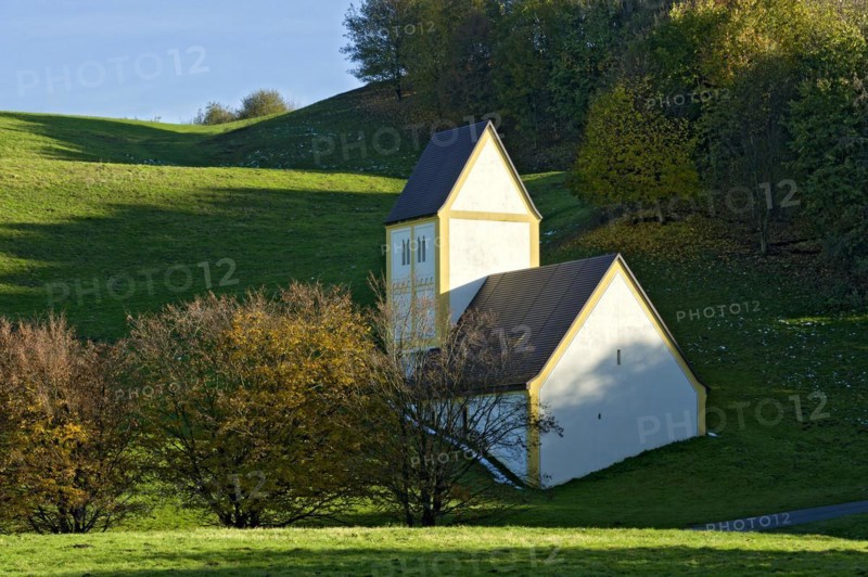 Copy of the Romanesque pilgrimage church Heilig Kreuz, sculpture and art object sunken village by Timm Ulrichs, Kunst am Bau at the Allianz Arena, Froettmaninger Berg, Froettmaning, Munich, Upper Bavaria, Bavaria, Germany, Europe