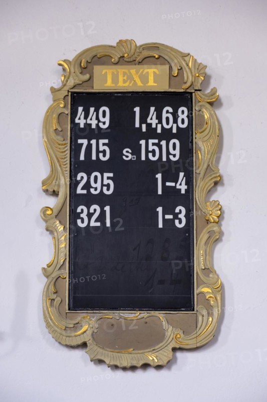 Plaque with posted hymns in the Protestant Reformed Church from 1401 in Greetsiel, Krummhoern, East Frisia, Lower Saxony, Germany, Europe