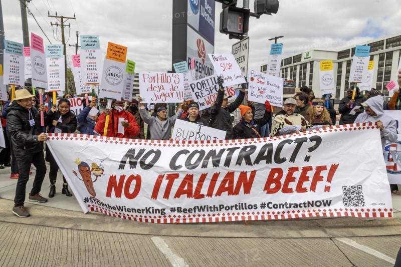 Rosemont, Illinois, Hundreds of workers and supporters picketed a Portillo's restaurant, demanding that the company recognize their union. Their organizing campaign is backed by the Ironworkers union and by Arise Chicago, a faith-based organization that supports immigrants and low-wage workers
