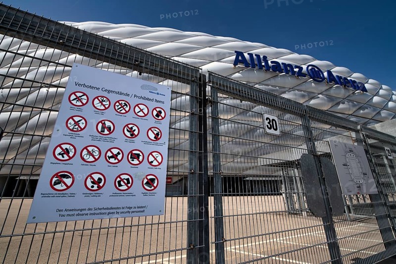 Exterior view Allianz Arena, board, sign, prohibited objects, fence, logo, Munich, Bavaria, Germany, Europe