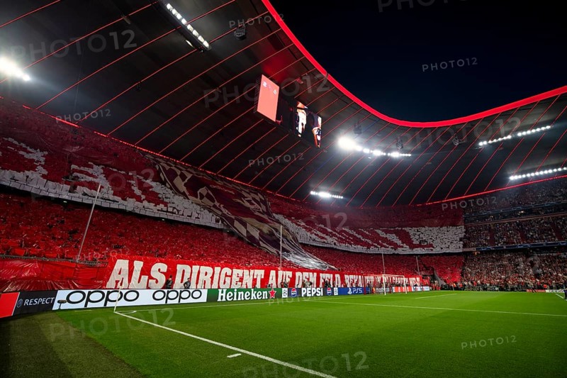 Interior view Allianz Arena, choreography in honour of Franz Beckenbauer, FC Bayern Munich FCB, south curve, fan block, fan curve, Munich, Bavaria, Germany, Europe