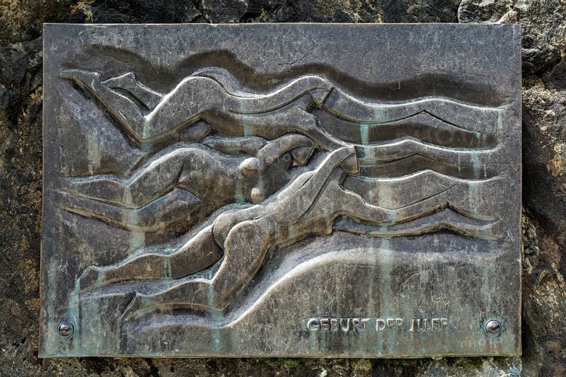 Bronze plaque Birth of the Iller, Illersprung, confluence of the Trettach, Breitach and Stillach rivers, between Oberstdorf and Fish, Oberallgaeu, Allgaeu, Bavaria, Germany, Europe