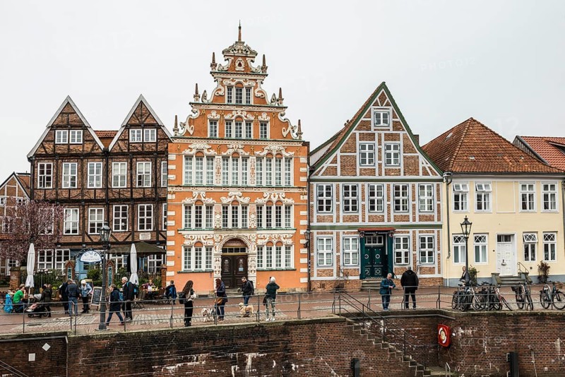 Half-timbered houses and restaurants in the old town, Buxtehude, Altes Land, Lower Saxony, Germany, Europe