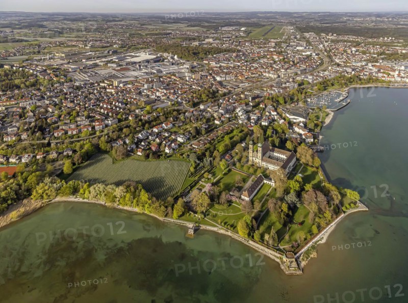 Schlosshorn with castle and castle church, tourism at Lake Constance, aerial view, city view of Friedrichshafen, Baden-Wuerttemberg, Germany, Europe